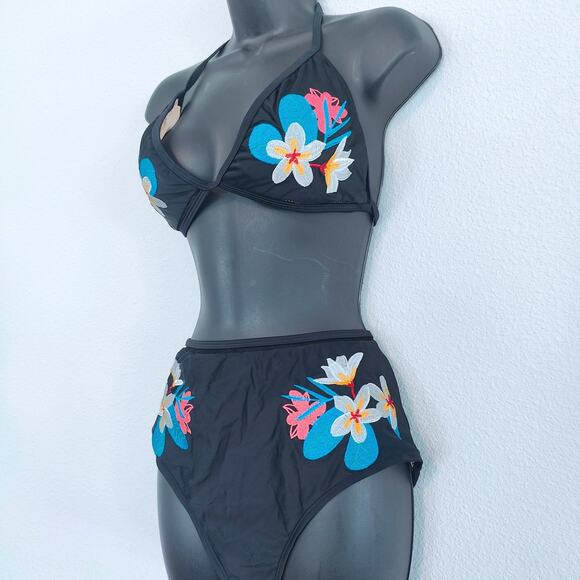 Black Floral Halter Top Tie High Waist Bikini two-piece Swimsuit Womens size XL - Picture 2 of 5